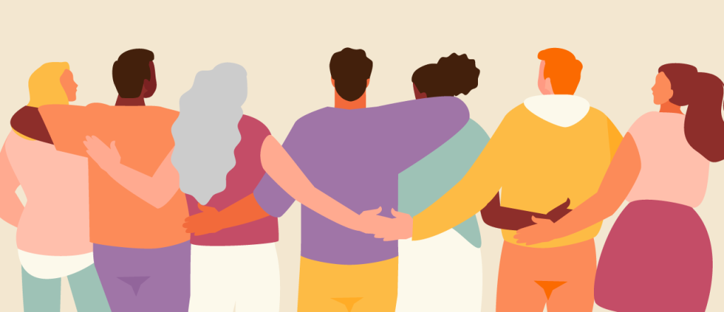 Colorful image with individuals standing side by side arms around each other in a compassionate way