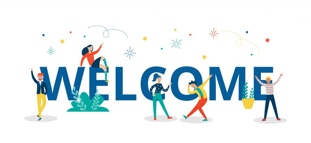Welcome colorful letters with people cartoon characters over confetti, flat vector illustration isolated on white background. Cheerful business team welcoming clients.