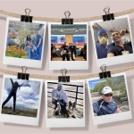 Six images of happy hospital employees sharing what wellness means to them through being outdoors, spending time with colleagues, and being with their pets.