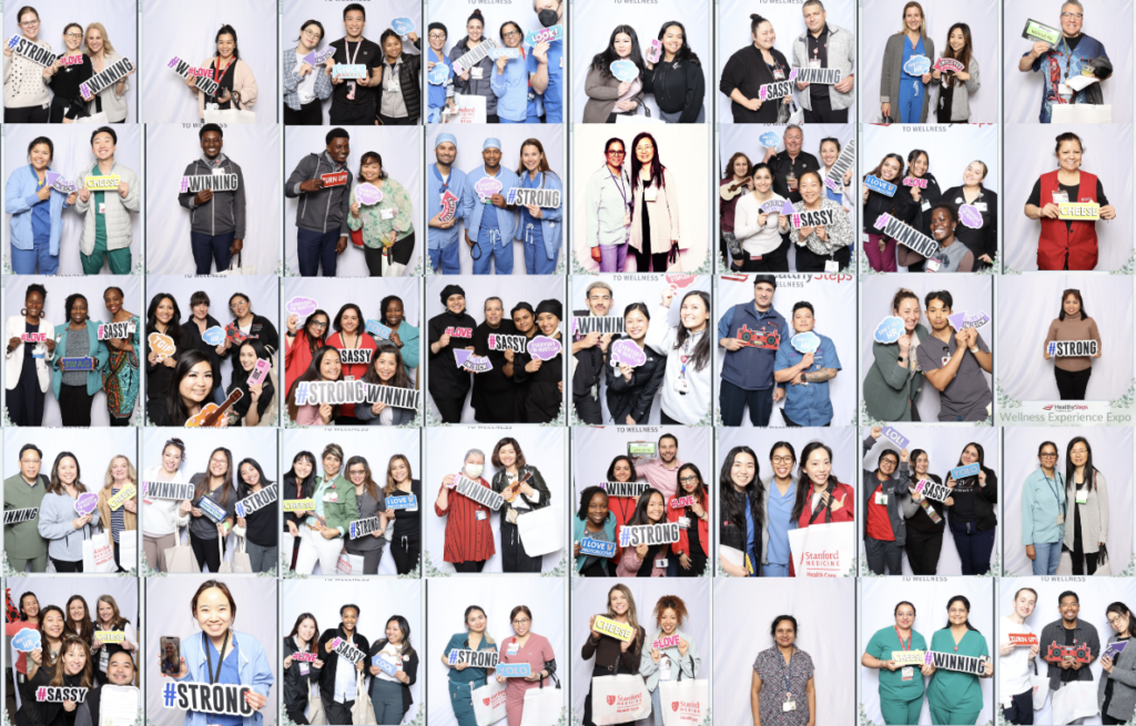 collage of Photo Booth images with smiling faces and prop poses with hospital employees.